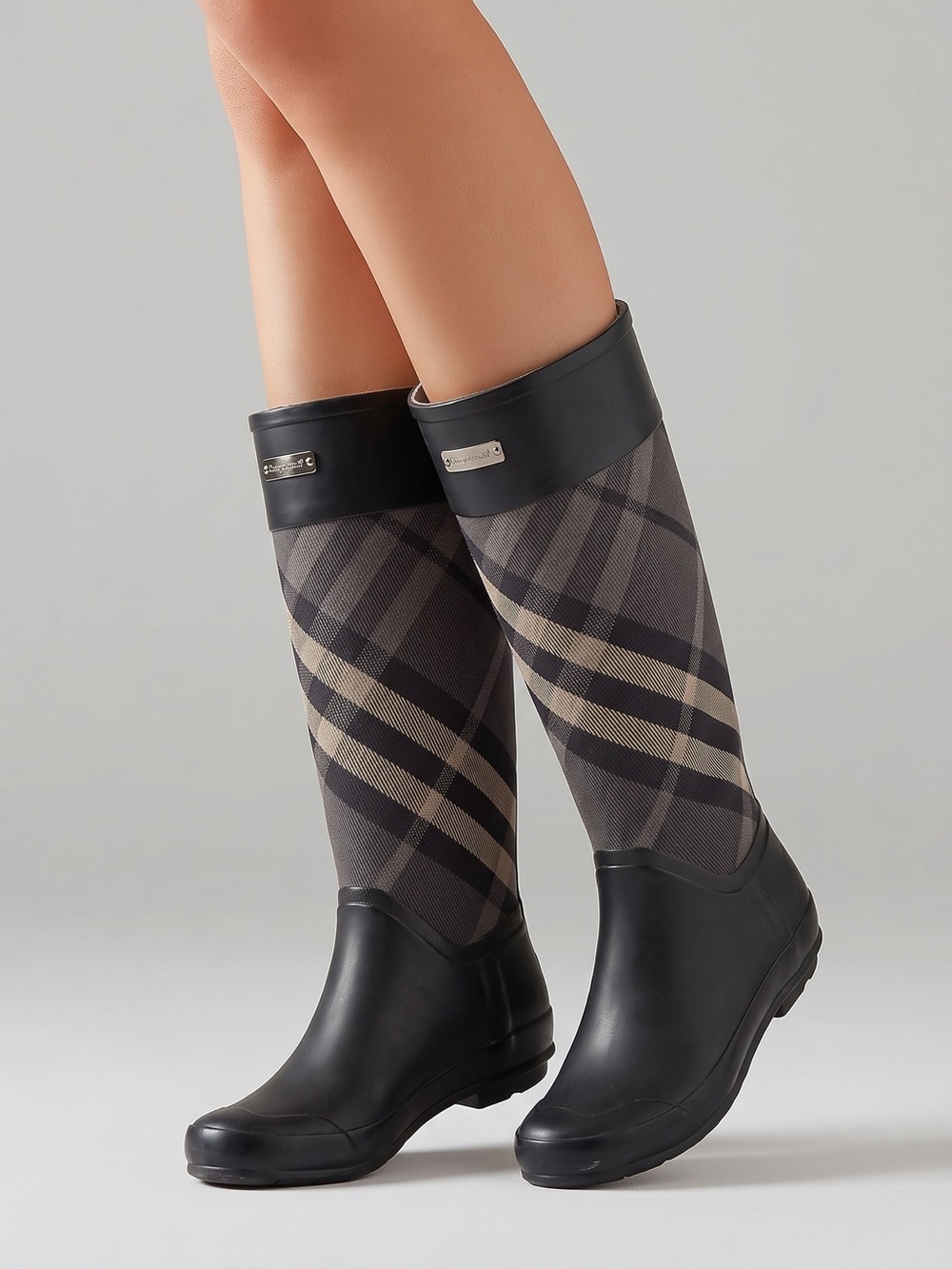 Burberry Black and Beige Plaid Over-the-Knee Rain Boots